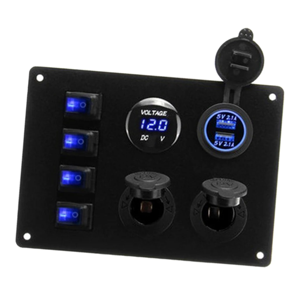 Car Marine Switch Panel, Boat Rocker Switch Panel, 4 Gang With Voltmeter/5V 2.1A 2-Charger/ Lighter