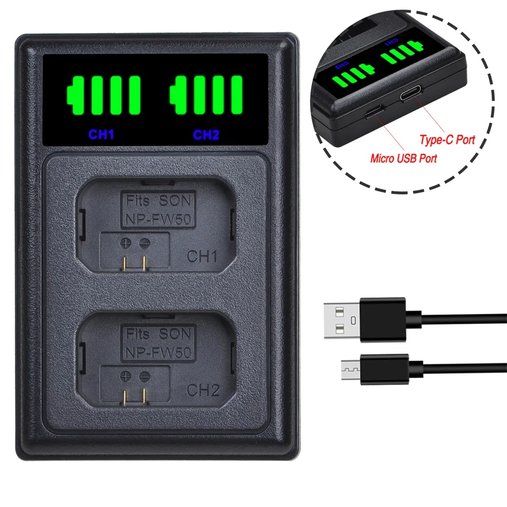 Camera Battery 2160mAh NP-FW50 NPFW50 Li-ion Battery for Sony ZV-E10 A7 A7R A7RII A7II A7SII A7S a6300 a6400 a6500 RX10 Series&LED Dual Charger