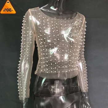 

white Sexy club blouse women Transparent chic pearl long sleeve knitted blouse Mesh retro party bodycon summer blouse