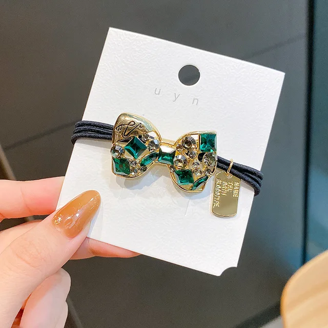 Fashion Rhinestone Hair Bands Hair Scrunchies Women Elastic Hair Bands Ties Rope Bands Ponytail Bands Hair Accessories F158 Green Bow