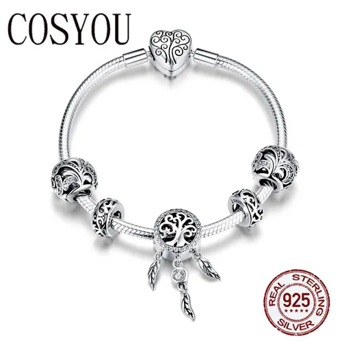 

COSYOU 2019 Hot 925 Sterling Silver Dream Catcher Forest Tree Leaves Charm Bracelets for Women Sterling Silver Jewelry SCB814