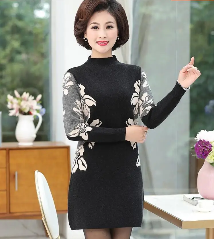 Women Turtleneck Sweater High-end Knitting Dress Autumn Winter New Pullover Print Flower Knitted Loose Dresses Vestidos - Цвет: Black  white