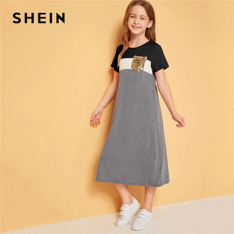 SHEIN/длинное платье-туника с блестками и карманами для девочек; коллекция года; сезон лето; детская повседневная футболка с короткими рукавами