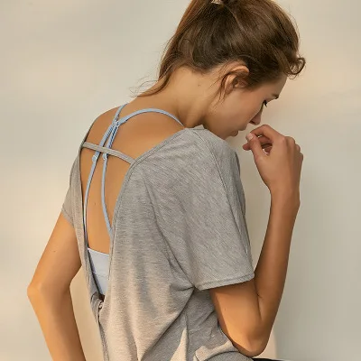 

X-HERR Women Yoga Sport Short Sleeve Shirt Open Back Yoga Workout Top Loose Fit Fitness Running T-shirt Sportswear