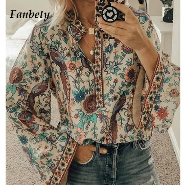 US $10.43 Fanbety Plus size Autumn Chic Blouses women Peacock Floral Print Long Sleeve Shirts women Casual V-