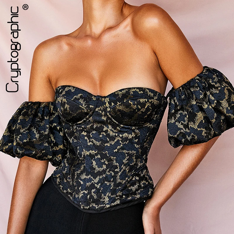 

Cryptographic Glitter Off Shoulder Sexy Backless Zipper Sheer Lace Blouses Shirts Fashion Puff Sleeve Crop Tops Streetwear 2019