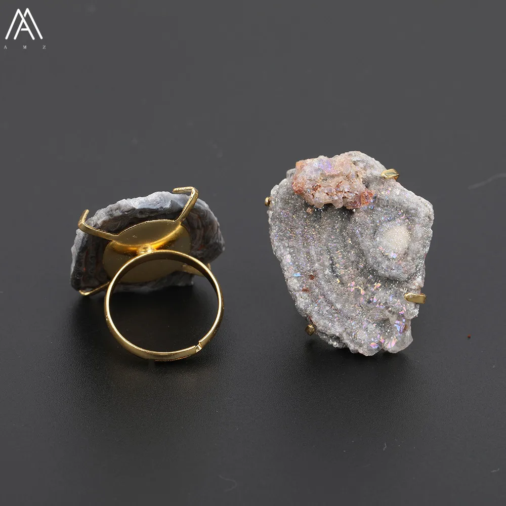 Роскошные Для женщин Druzy Drusy Агаты Золотое кольцо ювелирные изделия, покрытые серебристый неправильной формы агат камень кольцо для Для женщин обручальное кольцо YT-159AMAJ