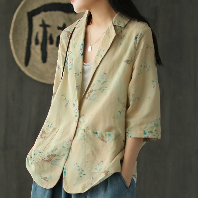

Korean Fashion Clothing Ladies Casual Linen Blazer Women Floral Printed Oversize Jackets Women Coats Newest Summer Yalabovso