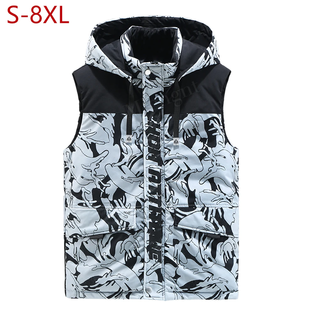 

Winter Men Vest Hat Detachable Sleeveless Jacket Male Patchwoark Windproof Thicken Waistcoat Unloading Parka Plus Large Size 8XL