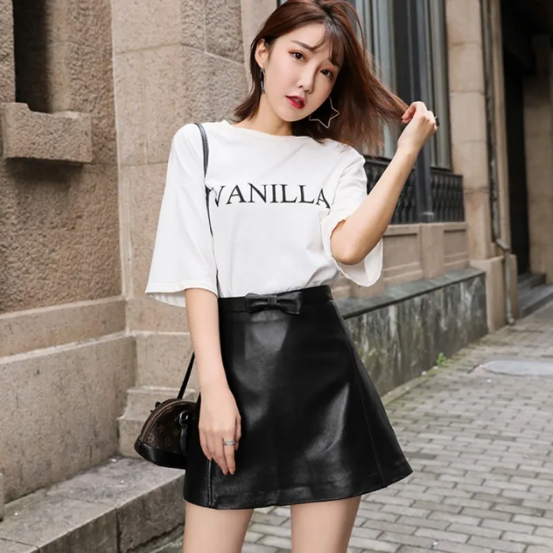 

High Quality Women Kawaii Bow Leather Skirt High Waist A Line Mini Skirts Female Sexy Wrap 100% Sheepskin Genuine Leather Skirt