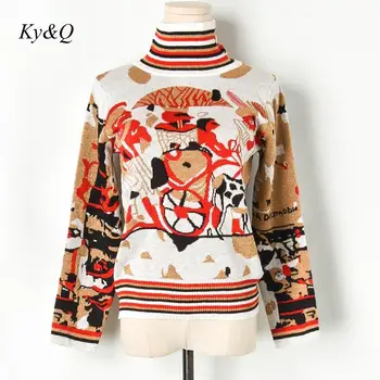 

2019 Brands Designer Vintage Gold Line Abstract Roman Style Jacquard Button Half-high Collar Knit Pullover Sweater