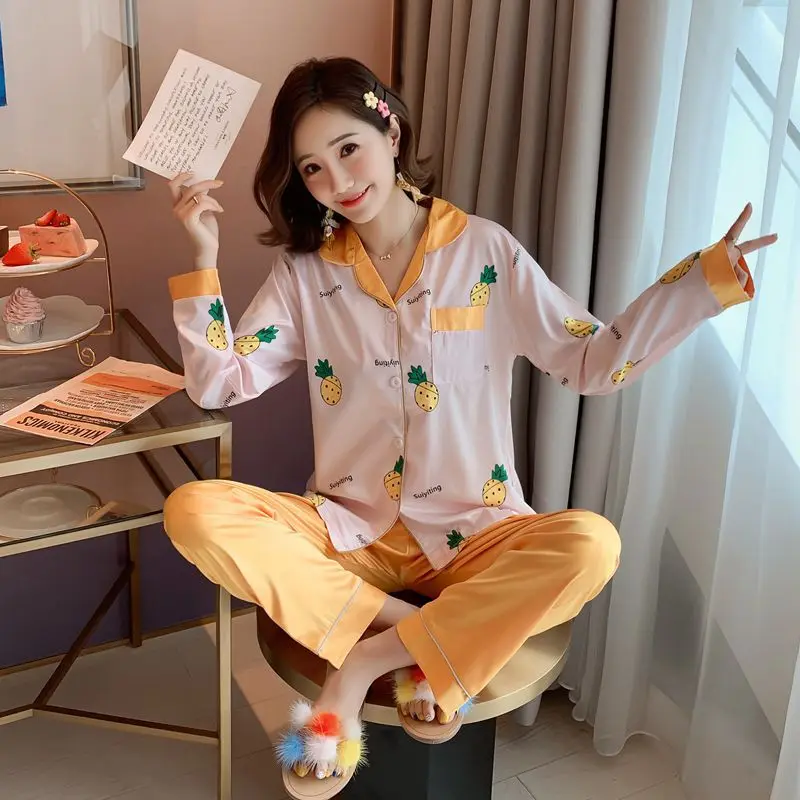 

Spring And Autumn Pajamas Women's Summer Thin Section Long Sleeve Viscose Sweet Cute Sexy Model Silk Tracksuit Two-Piece Set