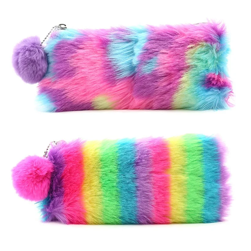

Rainbow Color Plush Pencil Case Student Large-capacity Stationery Storage Bag Plush Storage Cosmetic Bag Home Office Supplies