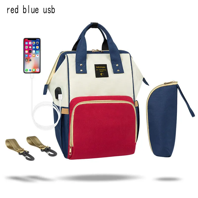 Red blue usb Модная подгузников для мам и водонепроницаемая сумка USB, рюкзак путешествий, Сумка с несколькими карманами кормления ребенка - Цвет: Red blue usb