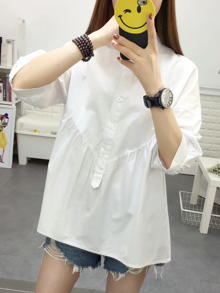 Fashion Tide New Summer Fashion Round Neck Lantern Sleeves Single Breasted White Cotton Shirt Female Blouse WH11511L