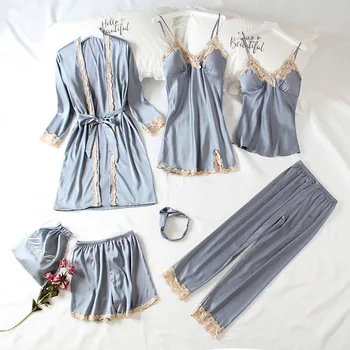 

Wepbel Seven-Piece Pajamas Women's Ice Silk Nightgown Set Plus Size Sexy Thin with Chest Pad Slip Nightdress Leisure Tops