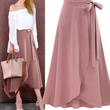 Шифоновая розовая Женская длинная юбка с рюшами, с высокой талией, с бантиком, с разрезом, асимметричные макси юбки для женщин, женская офисная одежда на весну и лето