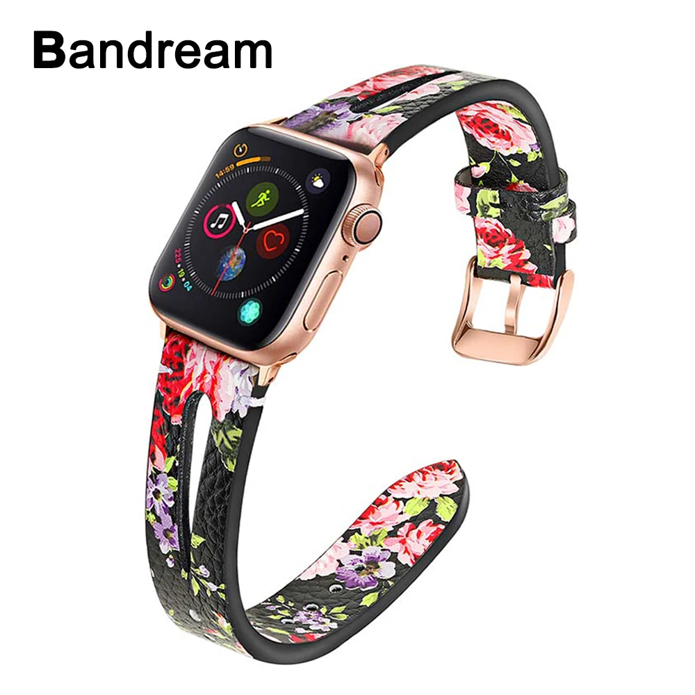 Ремешок для часов из натуральной кожи с цветком для iWatch Apple Watch 44 мм 40 мм 42 мм 38 мм серия 5 4 3 2 1 Женский ремешок со стальной застежкой ремень