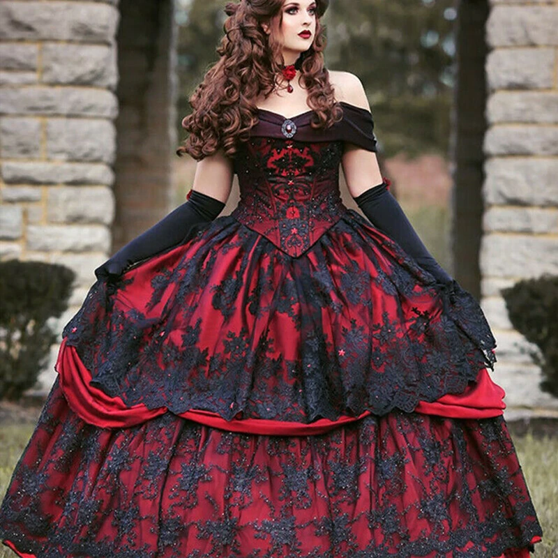 

Gothic Medieval Burgundy and Black Wedding Dress Long Sleeve Lace Appliques Victorian Masquerade Bridal Gown