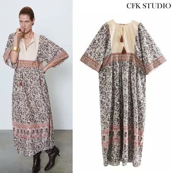 

2020 New ZA Summer Women Mididress with V-neck Floral Print short Sleeve Elegant Dress Femme Loose Indie Folk Long Dress