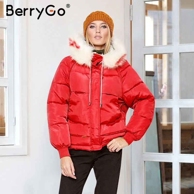 BerryGo, Повседневная Женская парка с меховым воротником и капюшоном, Осень-зима, Толстая Женская Теплая стеганая куртка, модная женская куртка на молнии, большие размеры