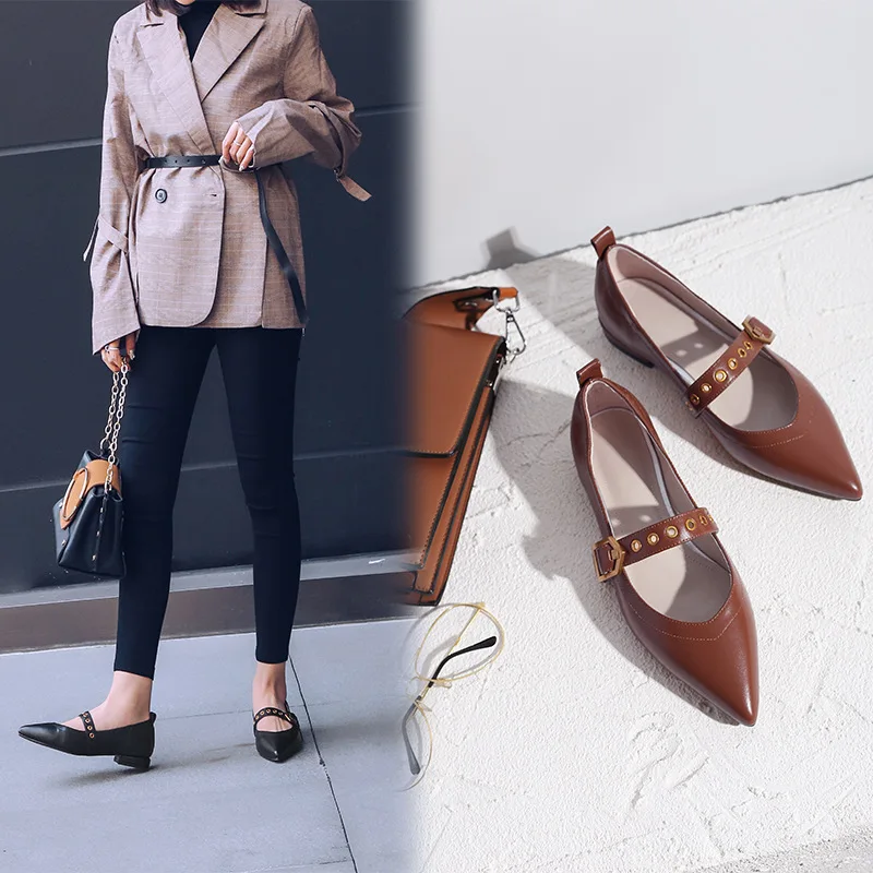 

2019 Spring New Products Korean-style Pointed Shallow Mouth Straight Line Buckle Comfortable Low Heel Pure Leather WOMEN'S Shoes