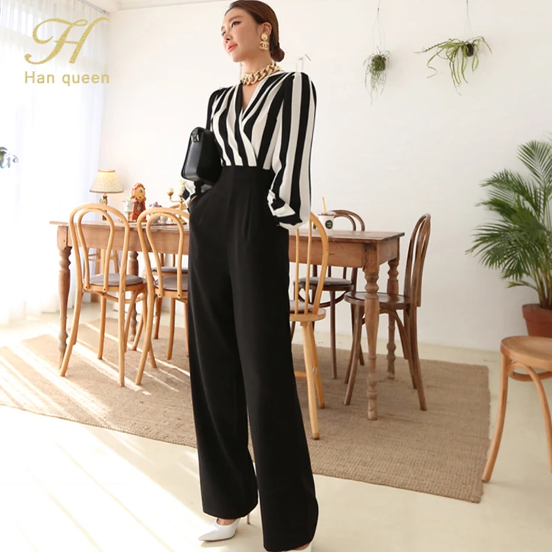 H Han Queen 2020 Autumn Korean Simple OL Stripe Jumpsuits Women V-neck Belted Wide Legs Long Romper Formal Work Wear Playsuits H Han Queen 2020 Autumn Korean Simple OL Stripe Jumpsuits Women V-neck Belted Wide Legs Long Romper Formal Work Wear Playsuits