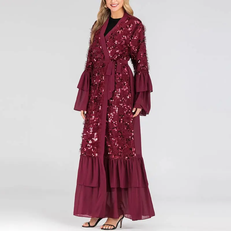 Winered MISSJOY вечернее закрытое платье в восточном стиле с оборками и с длинными рукавами, элегантные Абайи Свободный кардиган турецкий шифон исламский Костюмы женская накидка в восточном стиле - Цвет: Winered