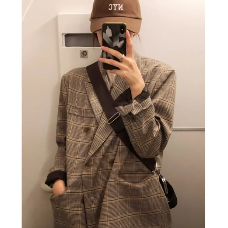 

South Korea Funny GIRL'S Retro Western Style Plaid Double Breasted Loose-Fit Slimming Suit Jacket Women's