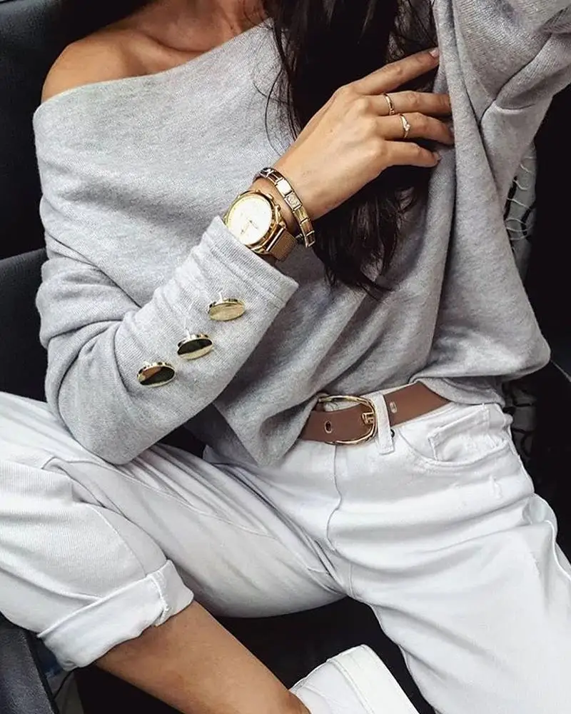 Solid Off Shoulder Buttoned Sweaters Women Slash Neck Long Sleeve Autumn Tops Ladies Solid Casual Pullovers