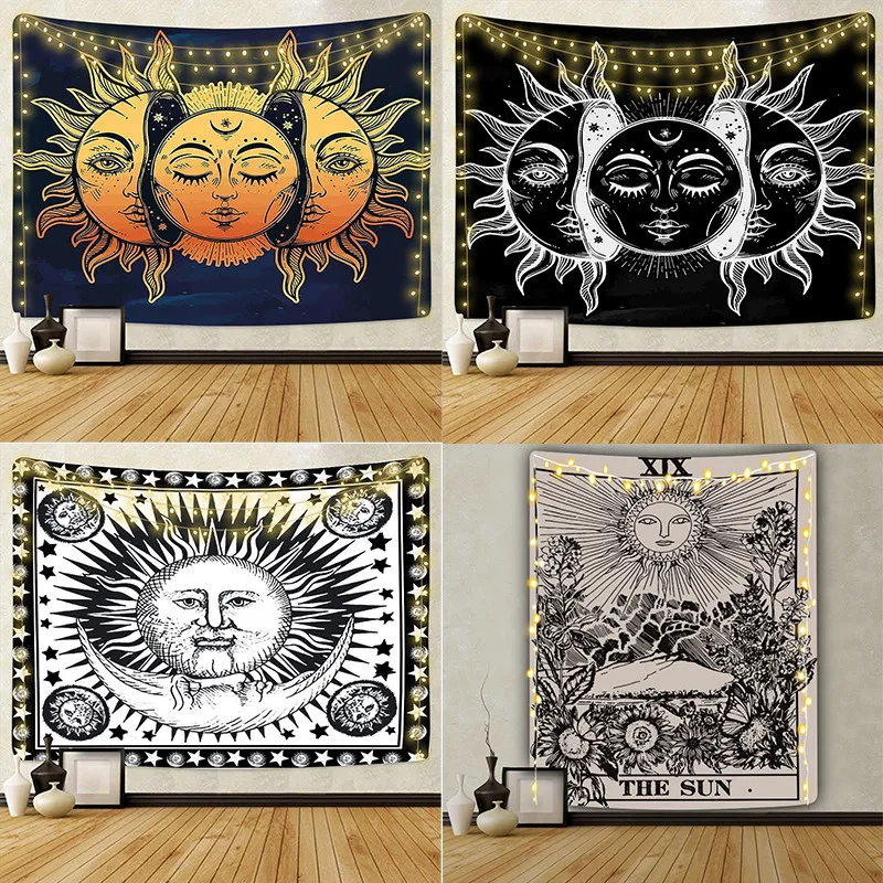 Dropshipping Sun Moon Tarot Tapestry Wall Hanging Hippie Polyester Home Decor Blanket Fabric Bedroom 180×230CM With 6M LED Light | Дом и сад