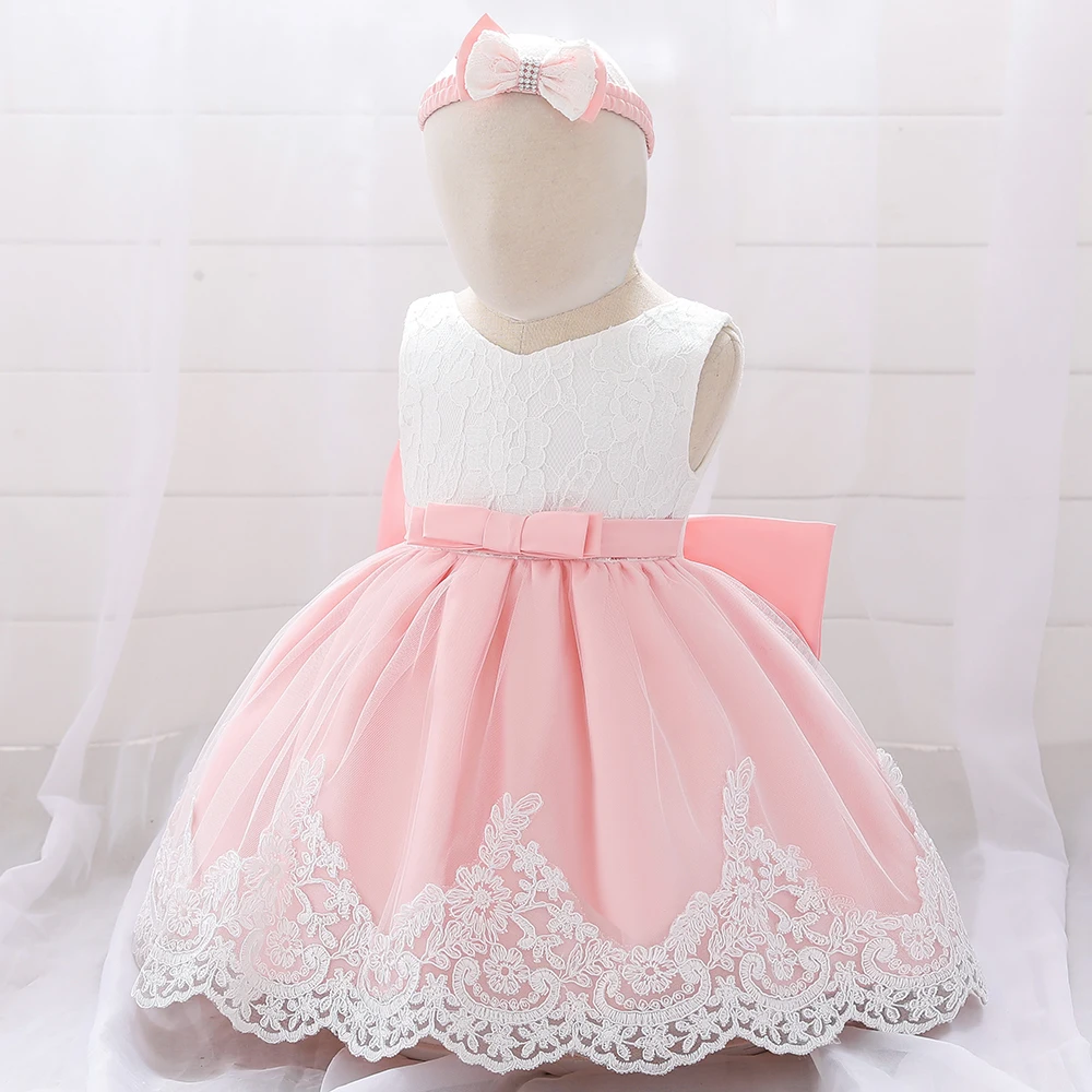 Bow Headband Princess Dress Birthday Party Dress Toddler Baptism Dress Vestido Kids Dress Girl Clothes for Babies Up to A Year