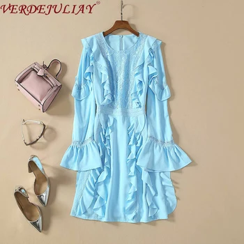 

VERDEJULIAY Bohemian Style Elegant Full Lace A-Line Dresses Women Empire Flare Sleeve European Luxury Ruffles Vintage Midi Dress