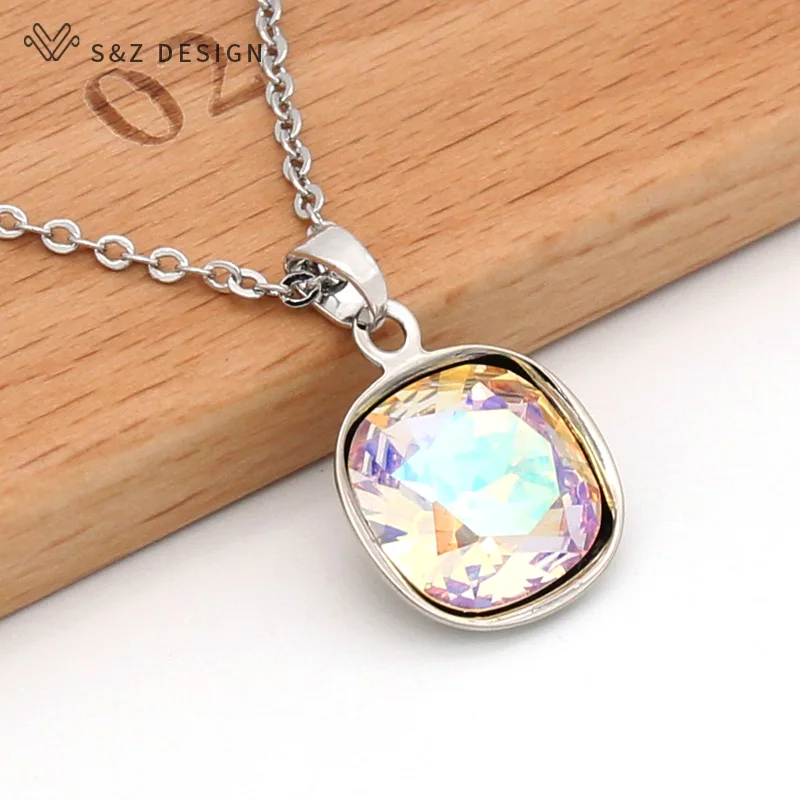 S&Z DESIGN New Fashion Trendy Square Crystal Pendant Necklace For Women Wedding Party 585 Rose Gold Color Jewelry Gift