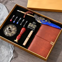 Juego de plumas Retro creativas con bolsa de tinta, bolígrafo de tubo de extracción de tinta personalizado, cuaderno, sello de pintura de fuego, papelería, caja de regalo