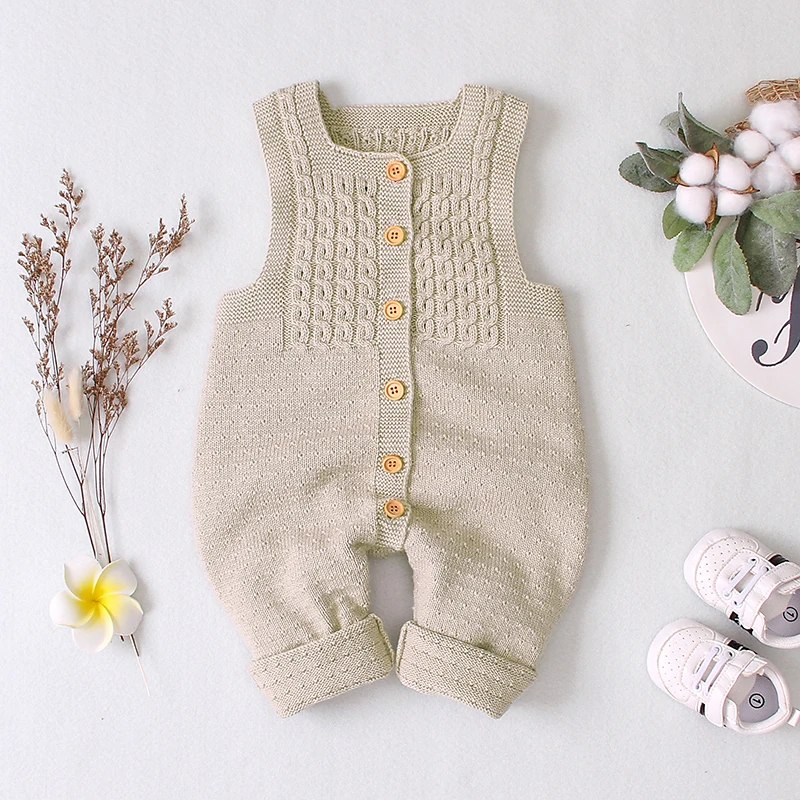 Spring Autumn New Infant Baby Boys Girls Sleeveless Acrylic Romper 4 Color Cute Solid Color Comfortable Warm With Button Rompers