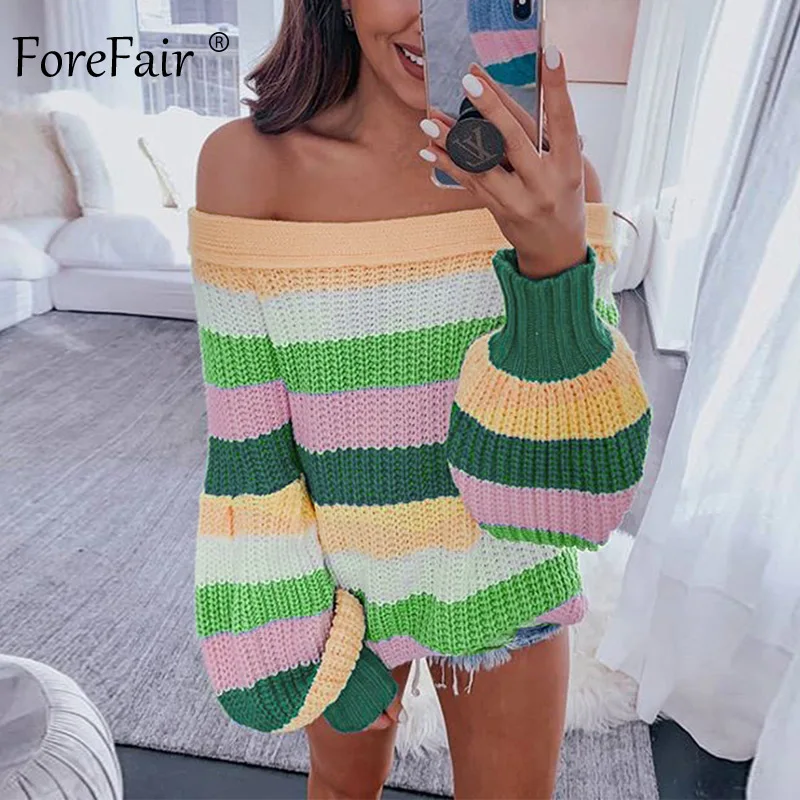 

Forefair Rainbow Off Shoulder Sexy Sweater Fall 2019 Oversize Lantern Sleeve Slash Neck Tops Patchwrok Knitted Sweater Women
