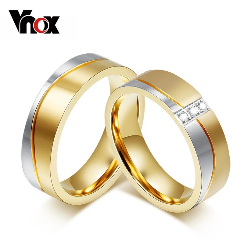 Vnox Wedding Rings for Women / Men Gold-color Elegant Lovers Promise Jewelry Personalize Engrave Name Couple Gift