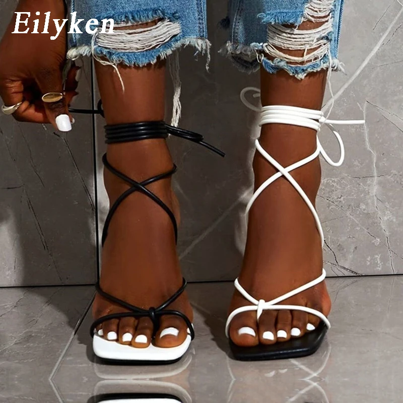 Women Lace Up Sandals Square Toe Thin Heel Cross Tied Party Shoes High Heel 9CM Size 35-42 women high heels platform high heels sandals
