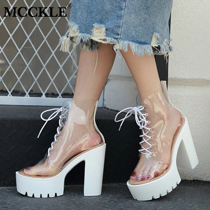 

MCCKLE Autumn Shoes Woman Transparent Ankle Boots Lace Up Ladies Super High Heels Thick Platform Fashion Jelly Shoes Female New