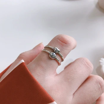 

Silvology 925 Sterling Silver Smile Heart Rings Double Layer Vintage INS Korea Style Cute Rings for Women New Friendship Jewelry