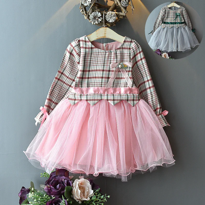 

2019 Girls Dress Autumn Kids Clothes Princess Dress Long Sleeve Children's Plaid Stitching Mesh Dress For Girl Christmas