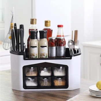

Multifunction 6 Grid Condiment Seasoning Spice Rack Kitchen Cutter Spoon Chopsticks Organizer Set Kitchenware Utensils Shelf