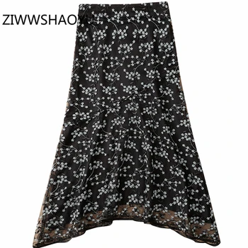 

ZIWWSHAOYU Female Summer Black Asymmetrical Skirt Fashion Designer Women Mesh Ditsy Floral Embroidery High Waist Vintage Skirts