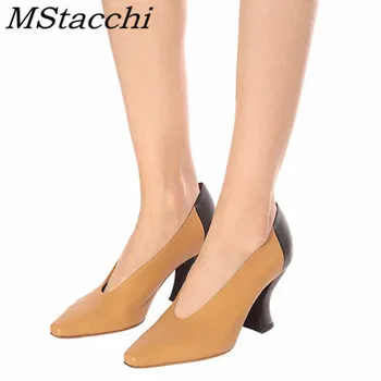 

MStacchi Spring 2020 New Style Women Shoes Colour Mixture Shallow High Heel Shoes Chunky Heels Retro Leather Mature Shoes Women
