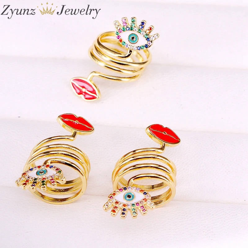 

5PCS, Women Fashion Jewelry Adjustable Rings, Gold Color Rainbow CZ Setting Enamel Lips and Eyes Rings