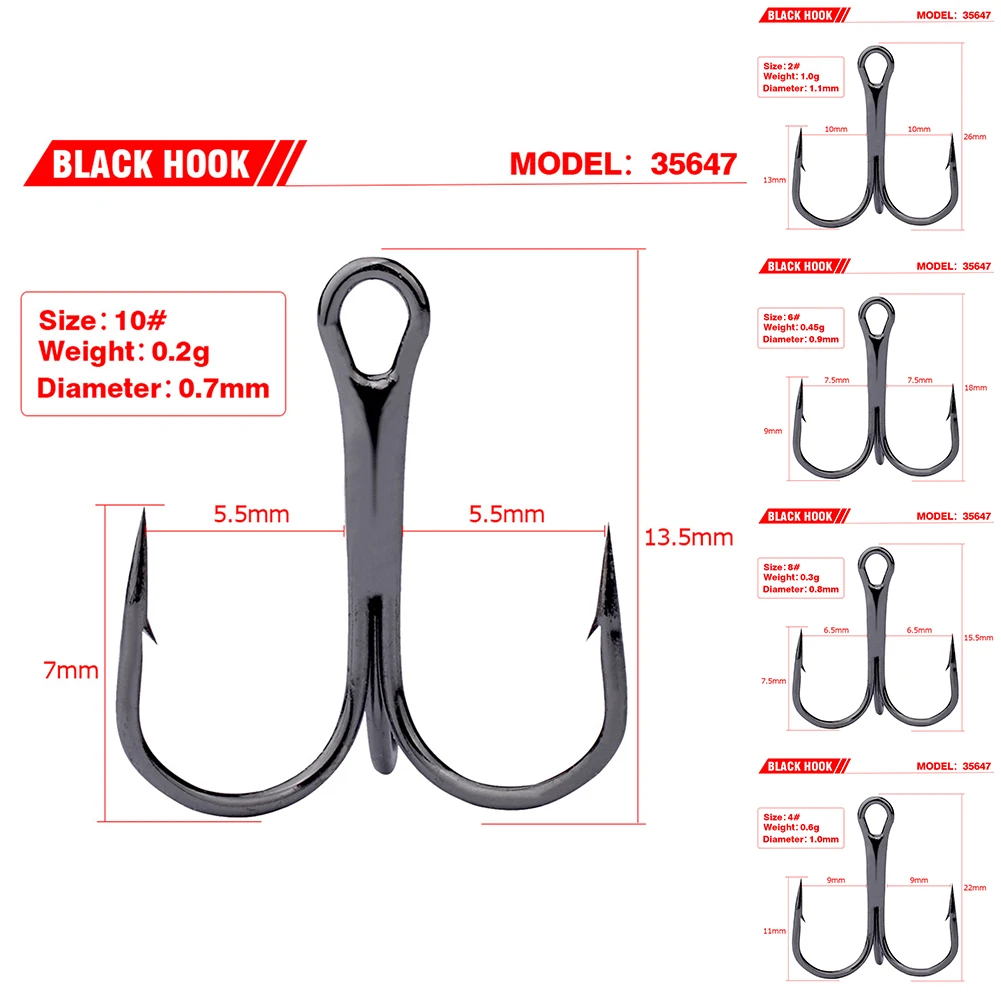 50pcs/pack Stainless Steel Fishing Treble Hook Black Sharp Triple Hooks