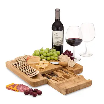

Wood Color Cheese Board Set Square Bamboo Slide-out Drawer Serving Platter for Cheese Fruit Vegetable Kitchen Storage