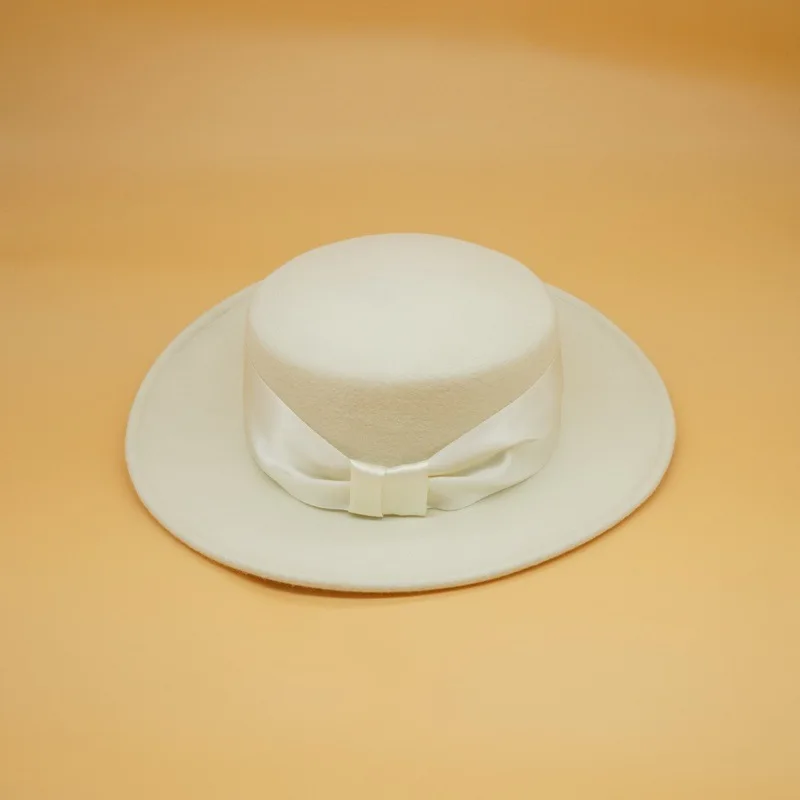 Women's retro bow white 100% woolen top hat female foreign trade wide brim British wild felt Wide ribbon decoration beanie hats 2
