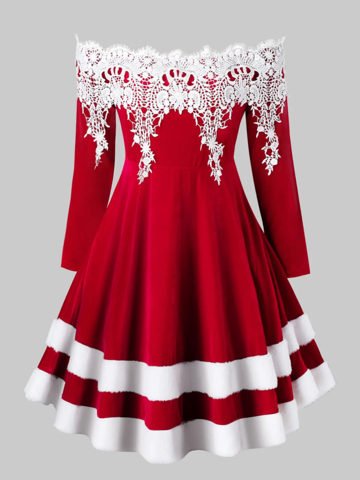 Chestnut Red ROSEGAL, рождественские платья для женщин, плюс размер, с открытыми плечами, контрастные кружева, вельветовое платье, искусственный мех, а-силуэт, винтажное платье Санта Клауса - Цвет: Chestnut Red